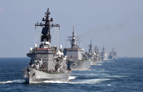 Japan's Maritime Self-Defense Force escort ship Kurama leads other ships during a fleet review off Sagami Bay, Kanagawa prefecture, on October 18, 2015. Japan has 47 surface combatants.