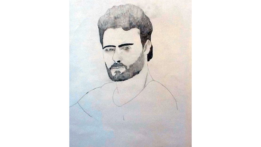 A portrait of Syrian journalist Khaled al-Issa by Marc Nelson's eighth grade student Eathan Newton.