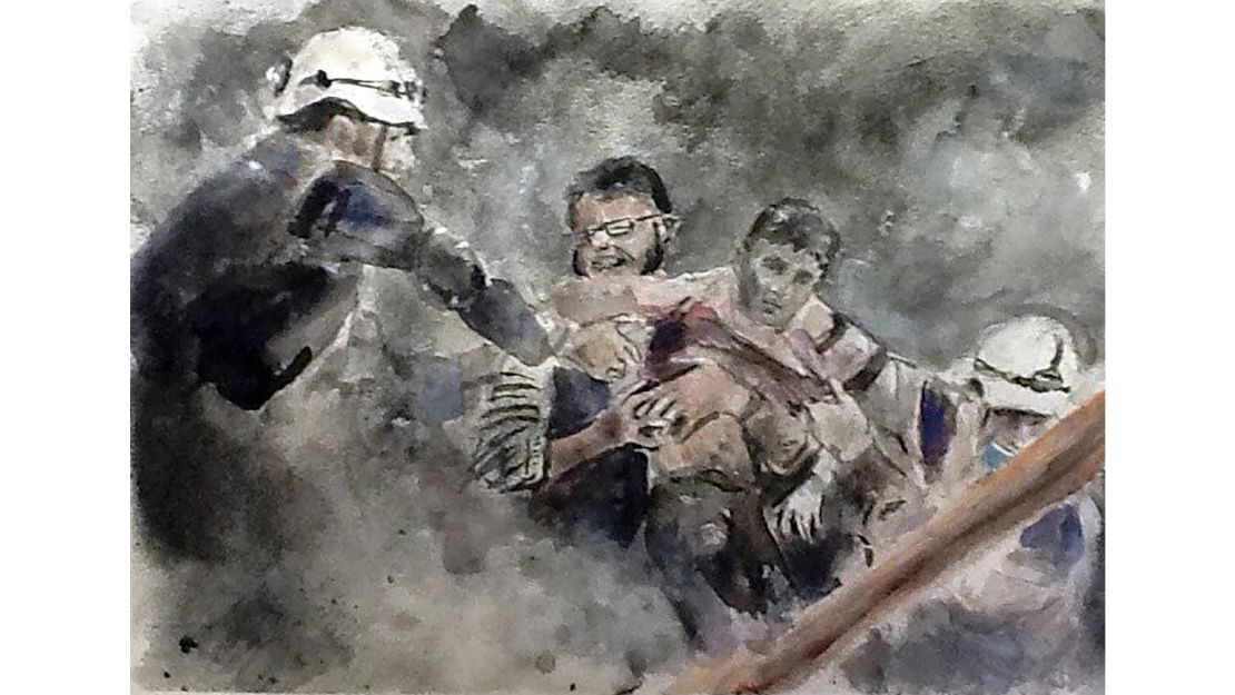 A White Helmets rescue worker pulls a young child from the rubble in a sketch by Marc Nelson from October.