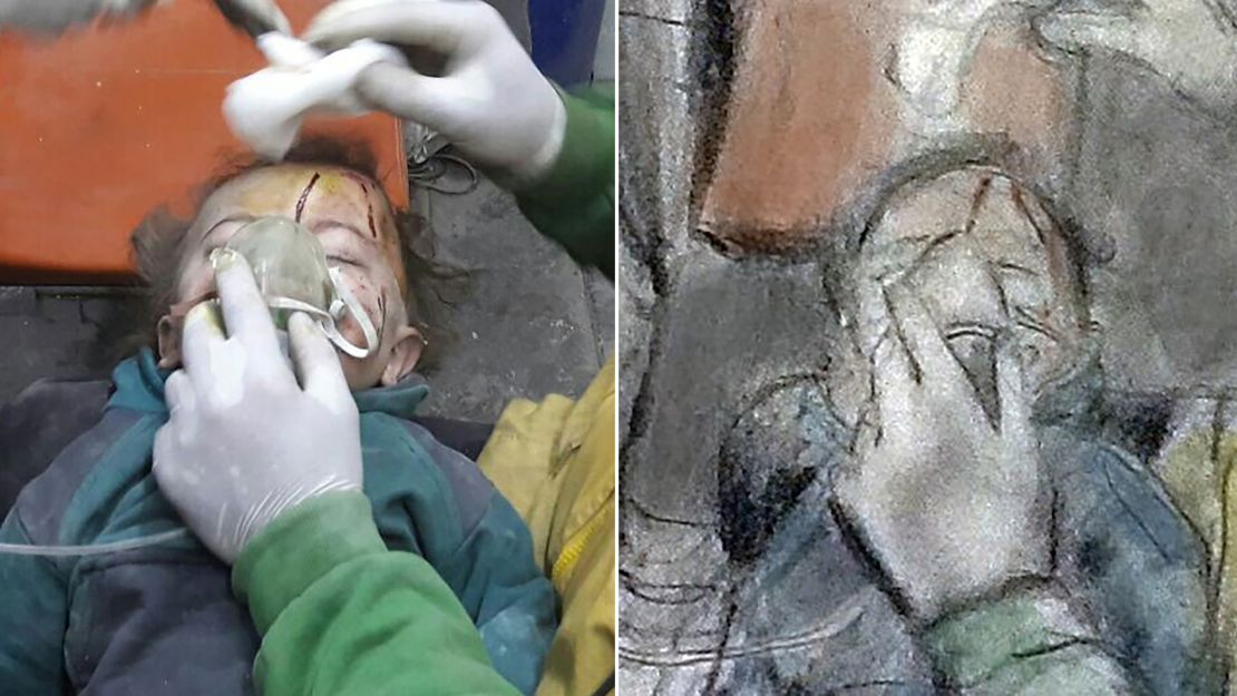 Marc Nelson's sketch of a child pulled from the rubble after an airstrike in eastern Aleppo in November.