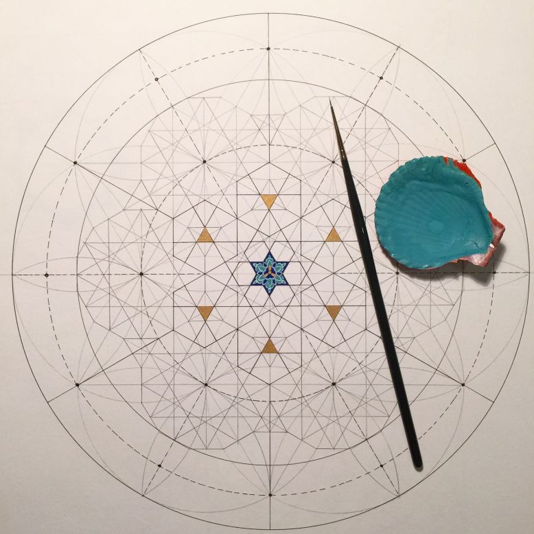 Awartani's paintings involve a process of adding new layers to an outline, typically starting from a central circle drawn with a compass. 