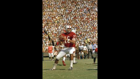 Stanford University quarterback Jim Plunkett plays in a game against the University of Southern California on November 10, 1970.