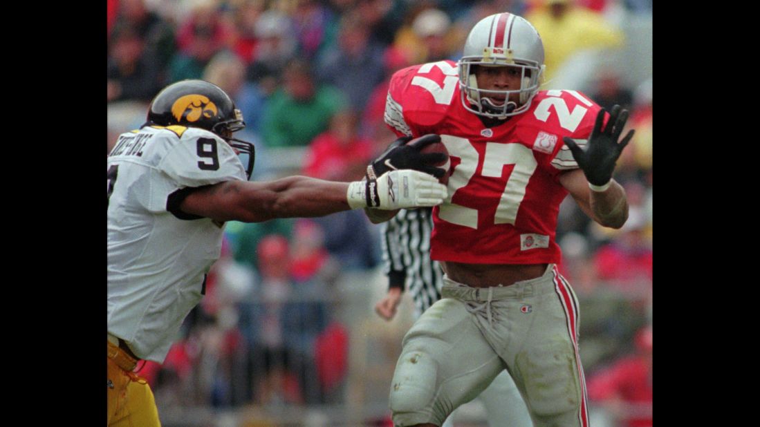Ohio State's Eddie George pulls away from Iowa defender Bill Ennis-Inge in Columbus, Ohio, on October 28, 1995. After retiring from the NFL, George took up acting and appeared on Broadway as lawyer Billy Flynn in the musical "Chicago" <a href="http://www.nytimes.com/2016/01/19/theater/eddie-george-leaps-to-chicago-from-the-nfl.html?_r=0" target="_blank" target="_blank">this year</a>.