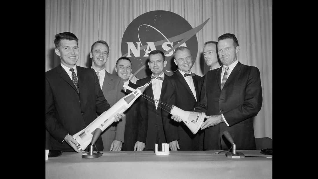 In 1959, NASA selected seven men -- from left, Wally Schirra, Alan Shepard, Gus Grissom, Deke Slayton, Glenn, Scott Carpenter and Gordon Cooper -- as the first US astronauts, known as the Mercury 7.