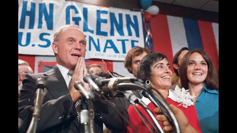 Glenn and his family celebrate his November 1974 election win as US senator from Ohio. He began a 24-year career on Capitol Hill and was widely regarded as an effective legislator and moderate Democrat. He unsuccessfully sought the Democratic presidential nomination in 1984. 