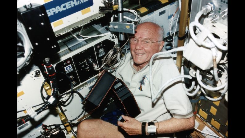 Glenn is seen aboard the shuttle Discovery in 1998. <a href="index.php?page=&url=https%3A%2F%2Fwww.nasa.gov%2Fcenters%2Fglenn%2Fabout%2Fbios%2Fshuttle_mission.html" target="_blank" target="_blank">He was a STS-95 payload specialist</a> on the nine-day mission.