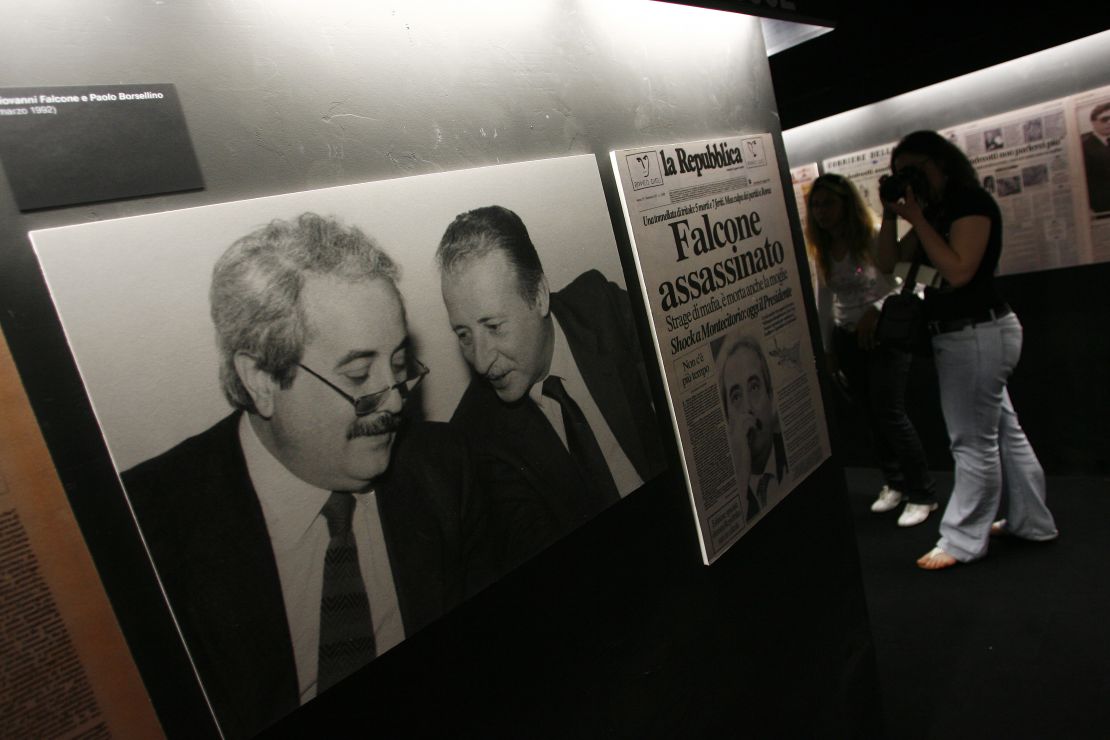 A photograph of Paolo Borsellino and Giovanni Falcone -- both of who were killed by the mafia -- displayed in the "Mafia's Museum Leonardo Sciascia" in Salemi, near Trapani on the Italian island of Sicily on the day of its opening on May 11, 2010.