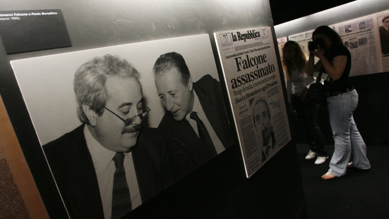 A photograph of Paolo Borsellino and Giovanni Falcone -- both of who were killed by the mafia -- displayed in the "Mafia's Museum Leonardo Sciascia" in Salemi, near Trapani on the Italian island of Sicily on the day of its opening on May 11, 2010.