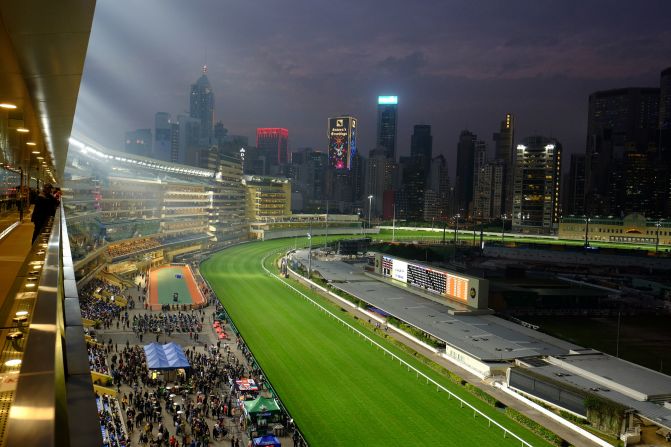 The Hong Kong skyline provided a stunning backdrop for the International Jockeys' Championship at the Happy Valley racecourse.
