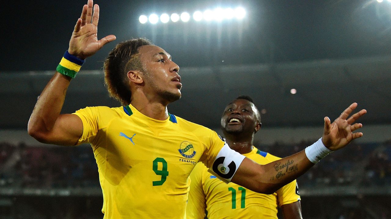 Gabon's forward Pierre-Emerick Aubameyang celebrates after scoring a goal during the 2015 African Cup of Nations group A football match between Burkina Faso and Gabon at Bata Stadium in Bata on January 17, 2015. AFP PHOTO / CARL DE SOUZA (Photo credit should read CARL DE SOUZA/AFP/Getty Images)