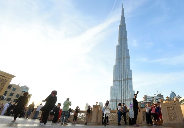 A view of the buzzing streets around Burj Khalifa in Dubai, United Arab Emirates.