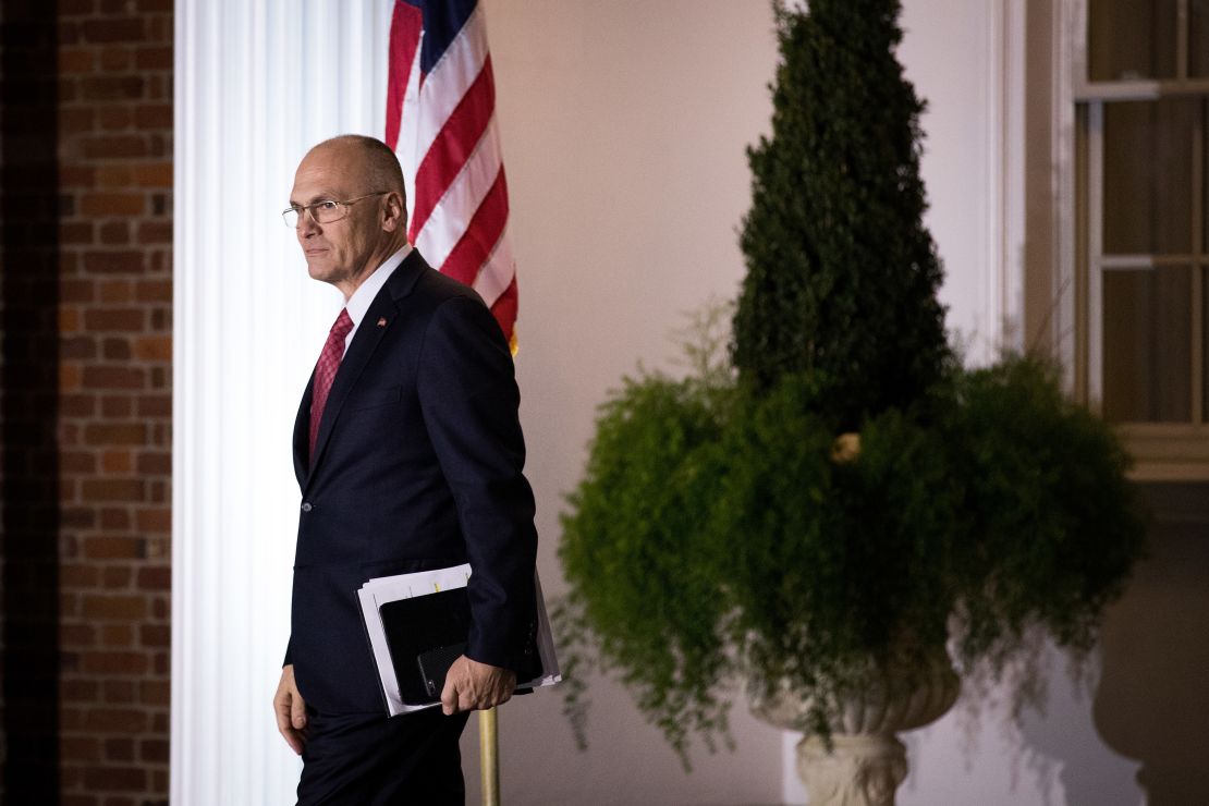 BEDMINSTER TOWNSHIP, NJ - NOVEMBER 19: (L to R) Andrew Puzder, chief executive of CKE Restaurants, exits after his meeting with president-elect Donald Trump at Trump International Golf Club, November 19, 2016 in Bedminster Township, New Jersey. Trump and his transition team are in the process of filling cabinet and other high level positions for the new administration. (Photo by Drew Angerer/Getty Images)