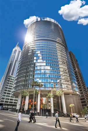 The high-rise office building is the first in Australia to feature a double-skin glass facade. The smart glass uses computer-controlled shades to shield the sun and distribute natural light. 