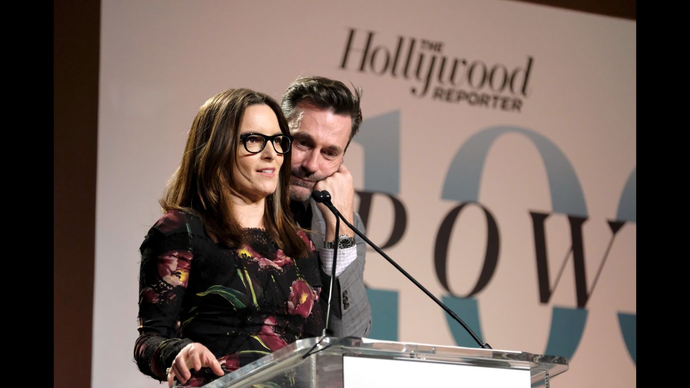 Tina Fey, left, and Jon Hamm stand onstage during The Hollywood Reporter's annual Women in Entertainment breakfast in Los Angeles on Wednesday, December 7. Hamm presented Fey with the Sherry Lansing Leadership Award, which recognizes a woman considered to be a pioneer and leader in her industry, <a href="http://www.hollywoodreporter.com/news/thrs-women-entertainment-event-live-watch-red-carpet-arrivals-953585" target="_blank" target="_blank">according to The Hollywood Reporter</a>.