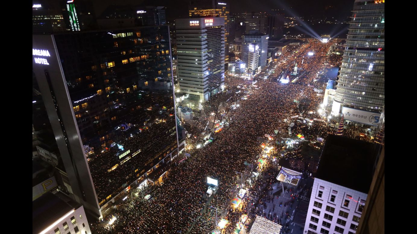 Protesters gather on the main streets of Seoul, South Korea, for a rally against the country's president, Park Geun-hye, on Saturday, December 3. Park has been dogged by a classified information scandal involving a longtime friend, and therefore faced <a href="http://www.cnn.com/2016/12/03/asia/south-korea-impeach-park/" target="_blank">an ultimatum from her party</a>: Announce a timeline for her resignation or face possible impeachment. In an overwhelming 234-56 vote on Friday, December 9, lawmakers in South Korea's National Assembly voted to impeach Park.