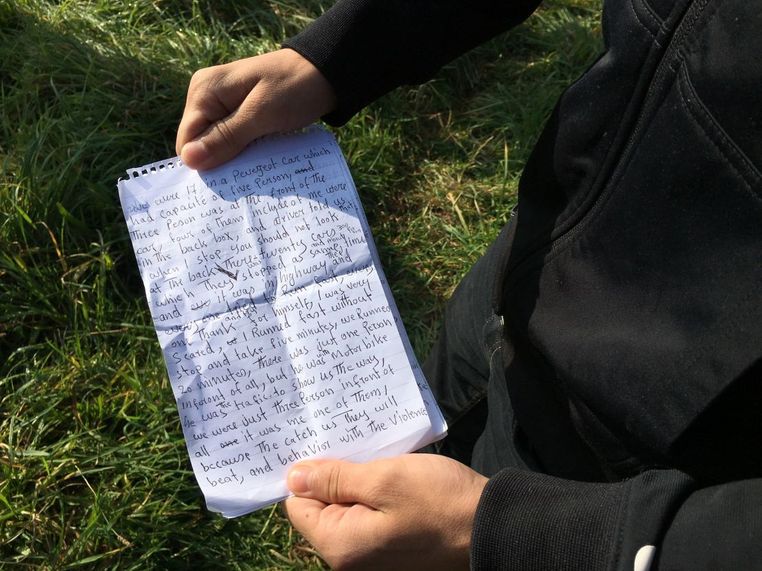 Muhamed wrote notes detailing the ordeals he went through on his journey from Afghanistan to Calais.