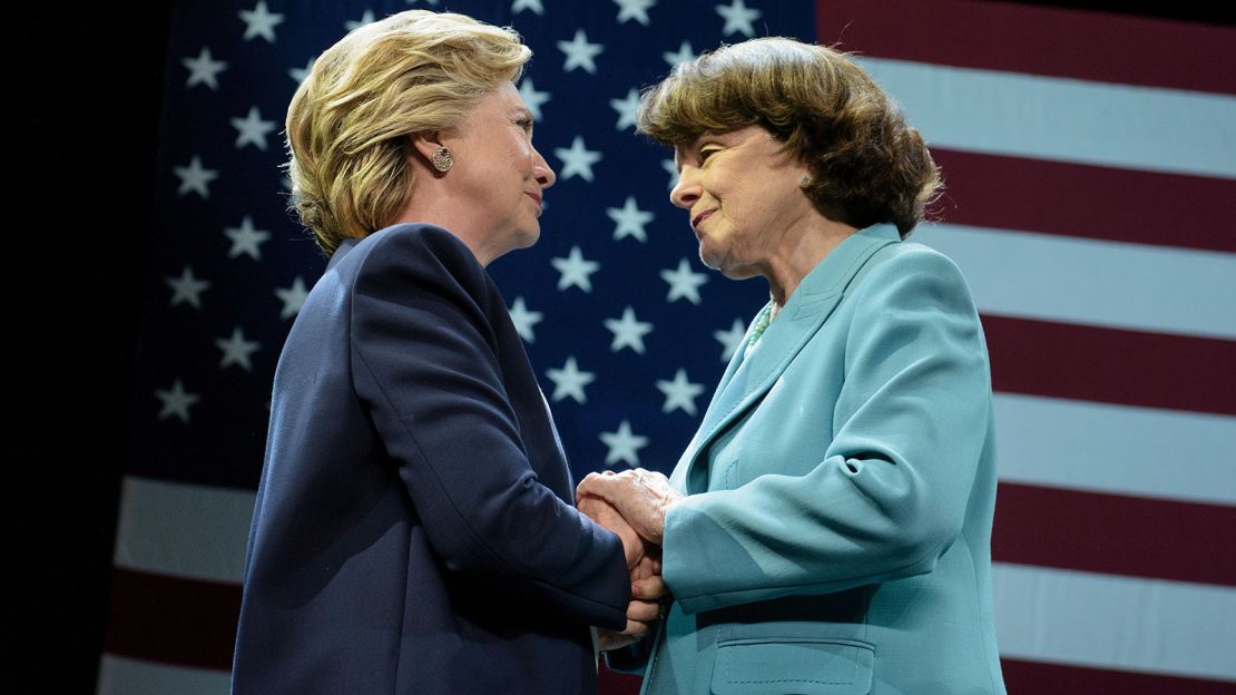 Hillary Clinton and Sen. Dianne Feinstein embrace during a fundraiser on October 13, 2016, in San Francisco.