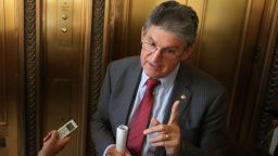 Sen. Joe Manchin (R-WV) talks to reporters after attending a Senate bipartisan lunch in the Russell Senate Office Building on Capitol Hill February 4, 2015 in Washington, DC. 