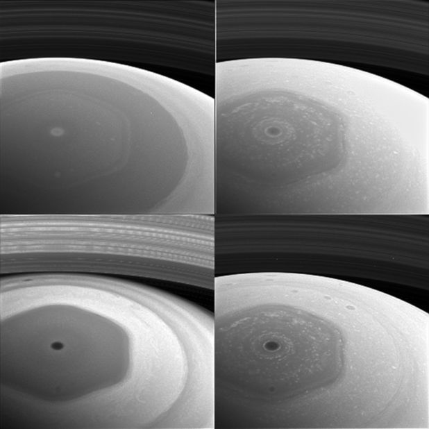 NASA's Cassini spacecraft took these images of the planet's mysterious hexagon-shaped jetstream in December 2016. The hexagon was discovered in images taken by the Voyager spacecraft in the early 1980s. It's estimated to have a diameter wider than two Earths.