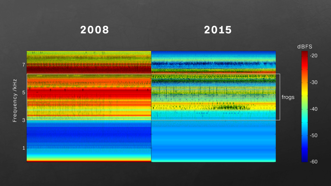 A year of audio is compressed into spectrograms. Red indicates more sound coming from the forest. Blue is much quieter.