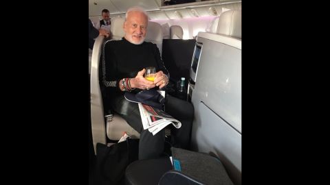 Buzz Aldrin on his flight home after being released from the hospital.
