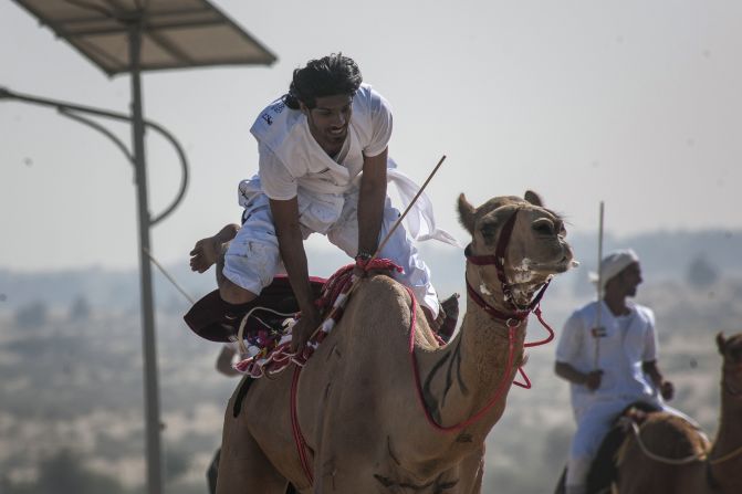 Every competitor has their own style of racing, such as sitting, standing or squatting on the camel.