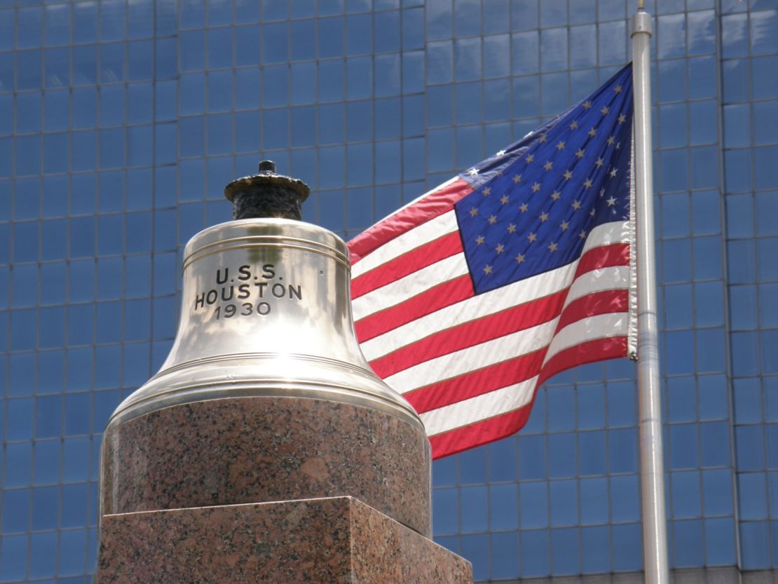 The original USS Houston CA-30 ship's bell was recovered by divers in the 1970s. It now sits atop the USS Houston CA-30 monument in downtown Houston, Texas.