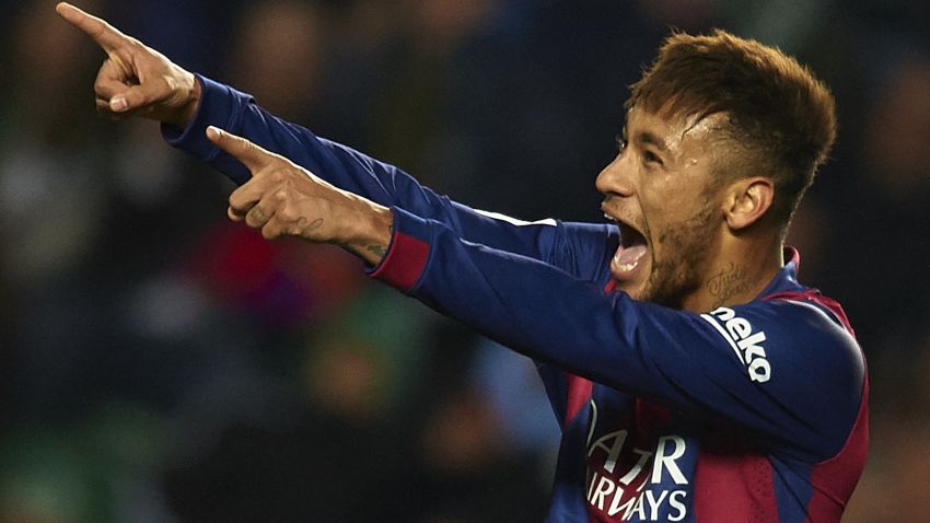 ELCHE, SPAIN - JANUARY 24:  Neymar JR of Barcelona celebrates after scoring during the La Liga match between Elche FC and FC Barcelona at Estadio Manuel Martinez Valero on January 24, 2015 in Elche, Spain.  (Photo by Manuel Queimadelos Alonso/Getty Images)