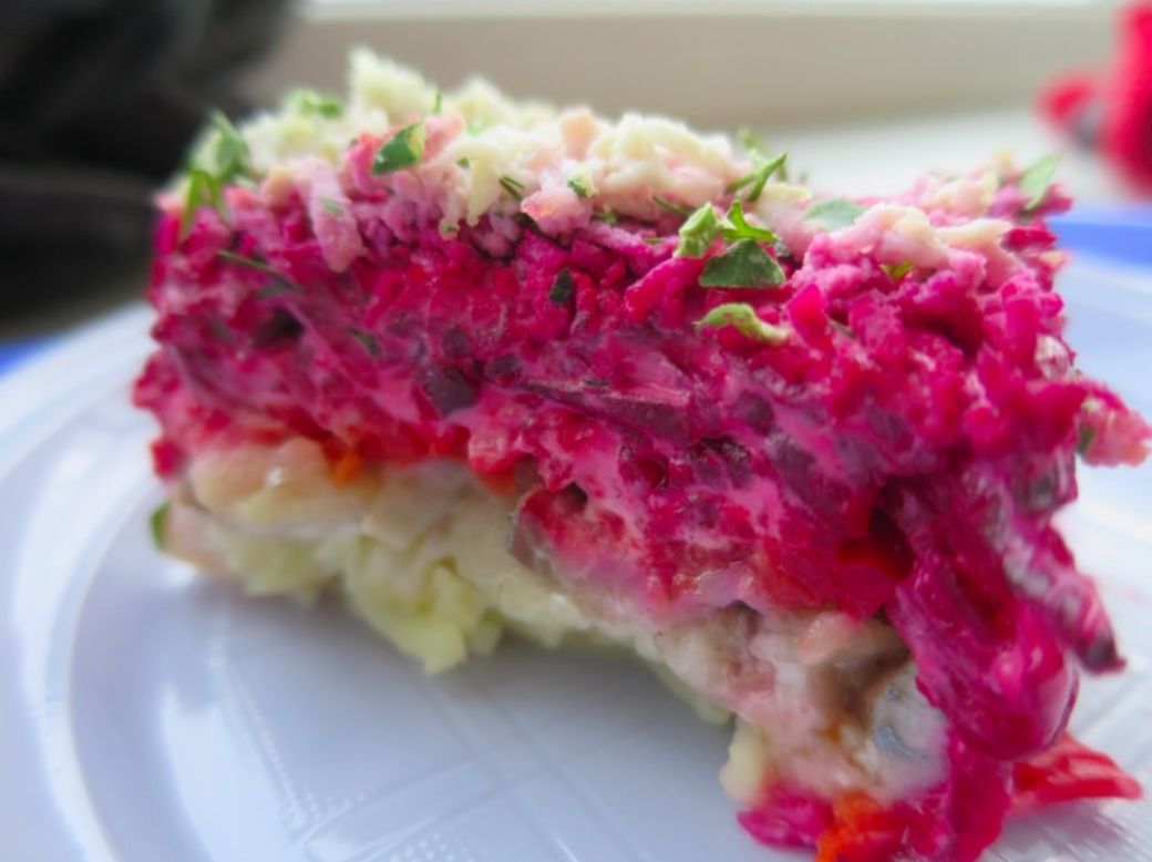 Russia's "herring in a fur coat" (or Selyodka pod Shuboy) is a vibrant, layered salad that's consumed in many Russian households for the holiday season.