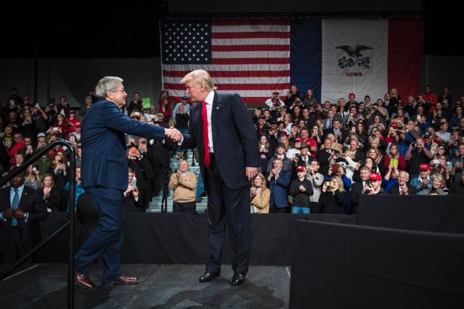 Trump shakes hands with Iowa Gov. Terry Branstad at an event in Des Moines, Iowa, on Thursday, December 8. Trump <a href="index.php?page=&url=http%3A%2F%2Fwww.cnn.com%2F2016%2F12%2F07%2Fpolitics%2Fterry-branstad-ambassador-china%2F" target="_blank">re-introduced Branstad</a> as his pick for US ambassador to China.