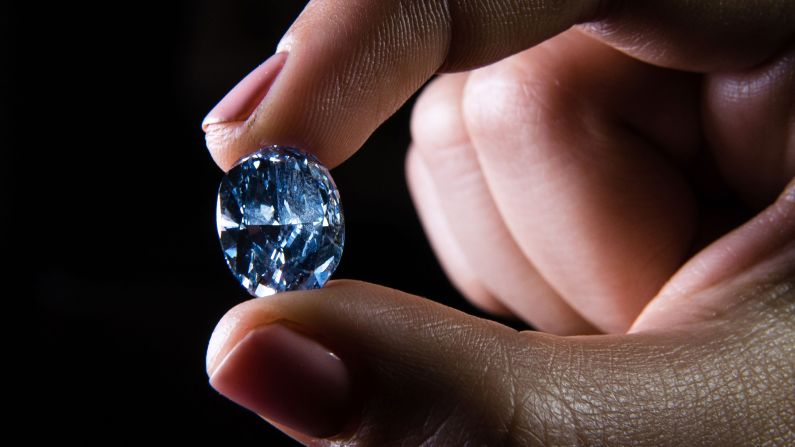 A rare internally flawless blue diamond weighing 10.10 carats, which achieved US$31.8 million at auction which was the highest price ever paid for a jewel at auction in Asia. This this intense blue coloration is a highly valued characteristic which occurs when a trace of Boron is present during a diamond's formation. Only about 1 in every 200,000 diamonds have a slight blue coloration.