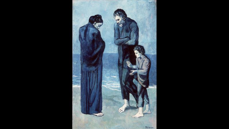 This painting, titled "Tragedy" (1903), of mourners on the beach was part of Picasso's Blue Period which lasted from 1900 to 1904. This was a time when Picasso was journeying through in Spain in relative poverty and had little artistic success, moreover his close friend Carlos Casagemas took his own life. The monochromatic blue palette are often associated with melancholy and despair.