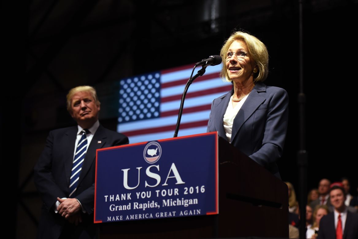 Betsy DeVos, <a href="http://www.cnn.com/2016/11/23/politics/betsy-devos-picked-for-education-secretary/" target="_blank">Trump's pick for education secretary,</a> speaks during an event in Grand Rapids, Michigan, on Friday, December 9.