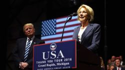 Betsy DeVos, picked by US President-elect Donald Trump for education secretary, speaks during the USA Thank You Tour December 9, 2016 in Grand Rapids, Michigan. / AFP / DON EMMERT        (Photo credit should read DON EMMERT/AFP/Getty Images)
