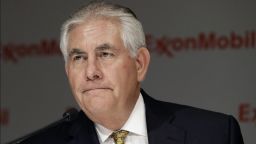 In this May 2014 file photo, ExxonMobil CEO Rex Tillerson listens to a reporter's question after the annual meeting ExxonMobil shareholders meeting in Dallas.