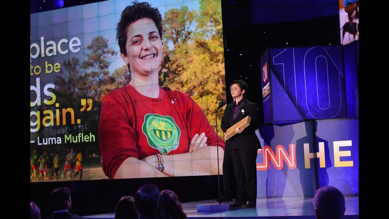 CNN Hero Luma Mufleh of <a href="index.php?page=&url=http%3A%2F%2Fwww.cnn.com%2F2016%2F04%2F14%2Fus%2Fcnnheroes-luma-mufleh-soccer-fugees%2Findex.html" target="_blank">Fugees Family</a> speaks onstage after accepting her award. She founded a school and soccer program for young refugees near Atlanta.