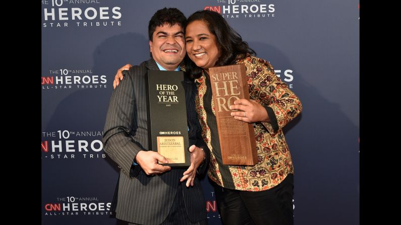 CNN Superhero and 2012 CNN Hero of the Year Pushpa Basnet, right, poses with 2016 CNN Hero of the Year Jeison Aristizábal after Sunday's "CNN Heroes: An All-Star Tribute." 