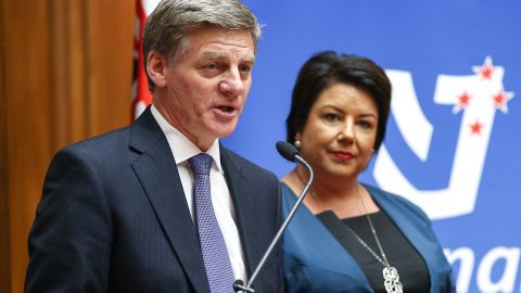 New Zealand's incoming Prime Minister Bill English and deputy Paula Bennett speak to media during a press conference at Parliament on December 12, 2016 in Wellington, New Zealand.