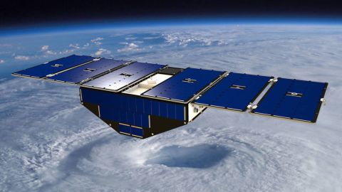 Artist's concept of one of the eight Cyclone Global Navigation Satellite System satellites deployed in space above a hurricane.
