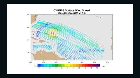 Sample wind speed data similar to what is expected from CYGNSS satellites. Courtesy Brian McNoldy/Univ. of Miami