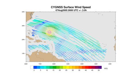 Sample wind speed data similar to what is expected from CYGNSS satellites. Courtesy Brian McNoldy/Univ. of Miami