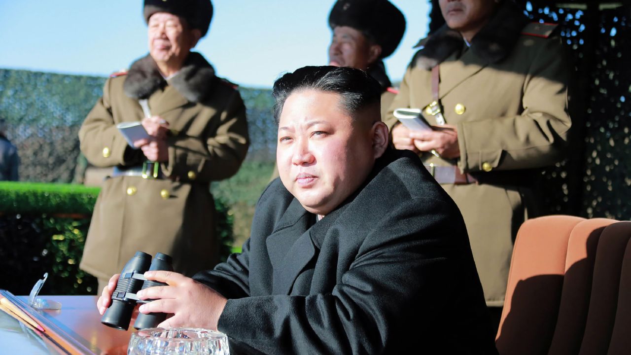 North Korean leader Kim Jong Un (C) during a combat drill in an undated photo released by state media.