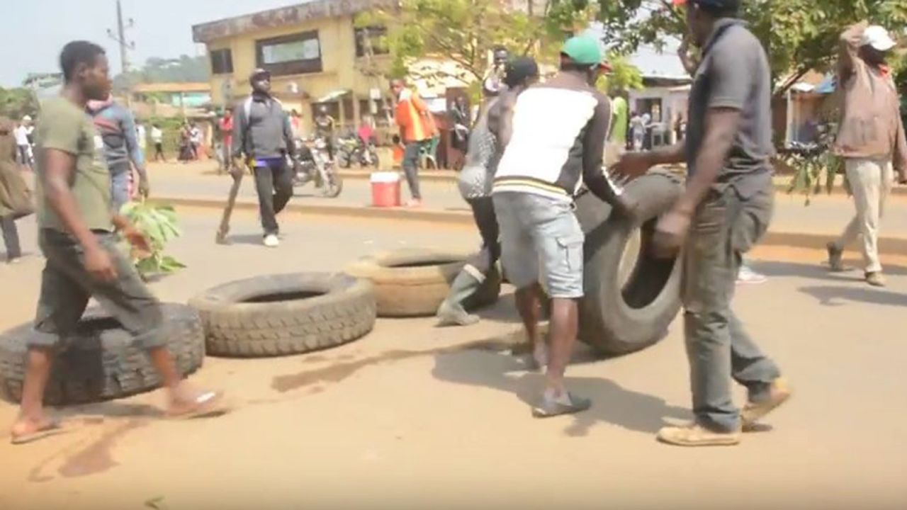 Protesters build makeshift barricades in the city of Kumba, in Cameroon's English-speaking southwest region, on December 9, 2016. 
