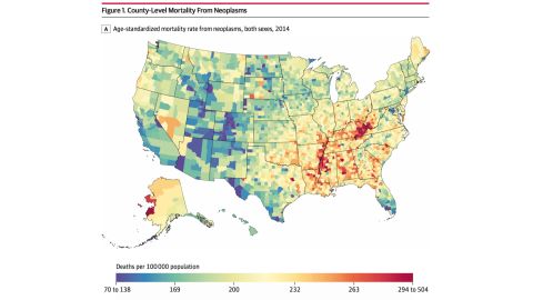 Neoplasms, also known as tumors, have been linked to high mortality rates in counties along the southern half of the Mississippi River; eastern Kentucky, such as Powell County; western Virginia; and western Alaska, such as the Wade Hampton Census Area.