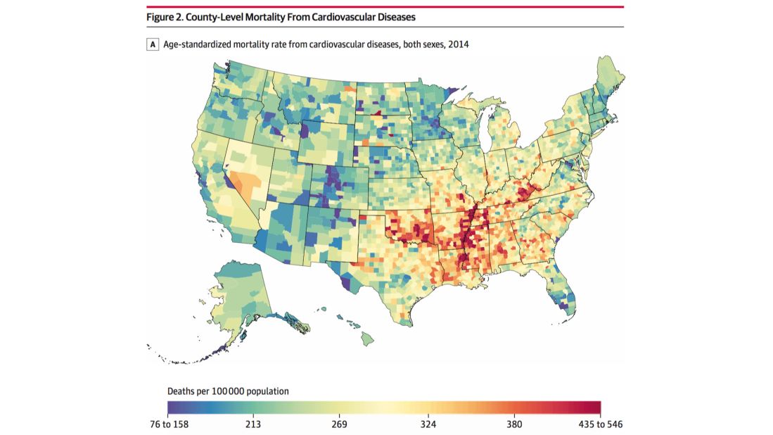 Death rates from cardiovascular diseas were high in Southern counties, such as Franklin and Caldwell, Louisiana; and Kentucky, including as Gallatin, Kentucky.