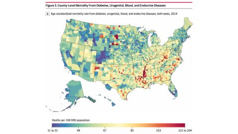 Mortality rates due to diabetes, urogenital, blood and endocrine diseases were particularly high within counties in Arkansas, Louisiana and Mississippi along the Mississippi River as well as counties with Native American reservations in North Dakota and South Dakota.