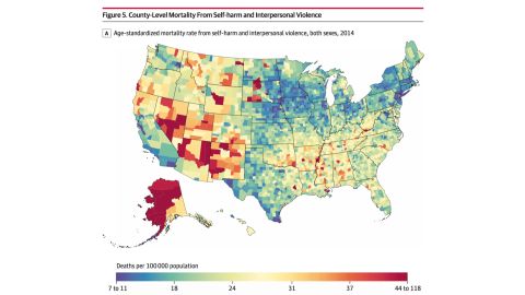 High mortality rates due to self-harm and interpersonal violence were observed in counties in Alaska, such as Kusilvak Census Area in Alaska; Native American reservations in North Dakota and South Dakota; and in states in the Southwest.