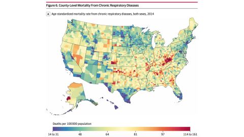 Increased mortality rates due to chronic respiratory diseases were observed in counties in eastern Kentucky, West Virginia, and southeastern Colorado.