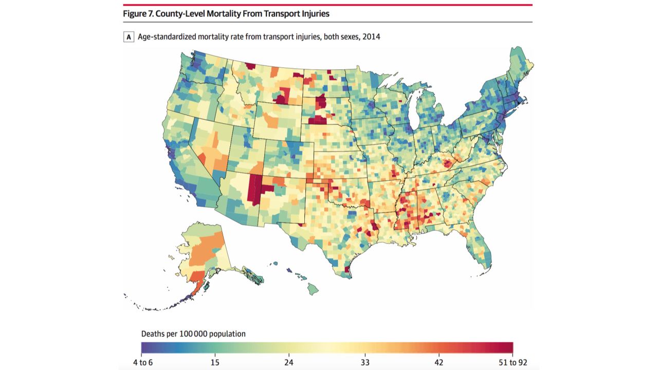 High mortality rates for transportation-related injuries were found in rural counties, such as Todd County, South Dakota.