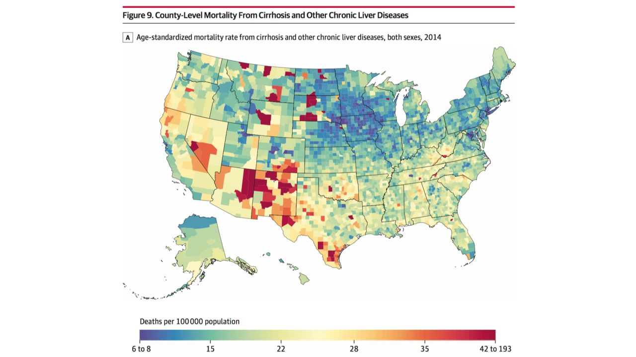 Counties in eastern Arizona, New Mexico, and south and western Texas were among those with high mortality rates for cirrhosis and other chronic liver diseases.